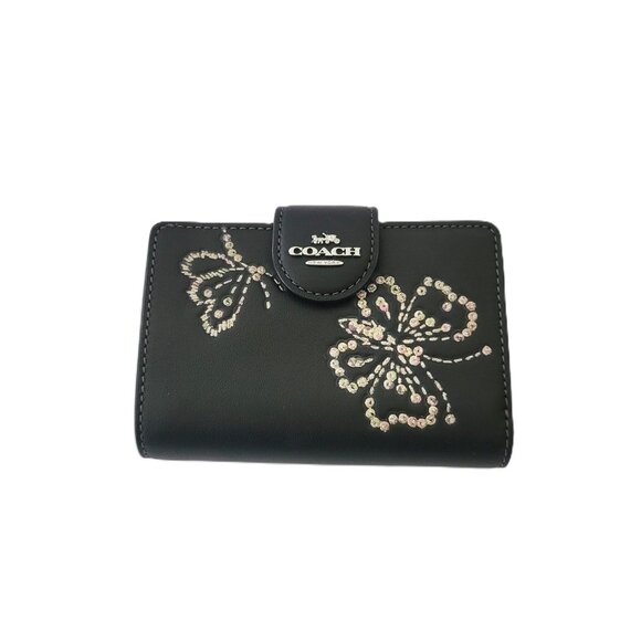 Coach CCL65 Medium Corner Zip Butterfly Print Bifold Wallet Smooth Leather Black - Picture 1 of 8